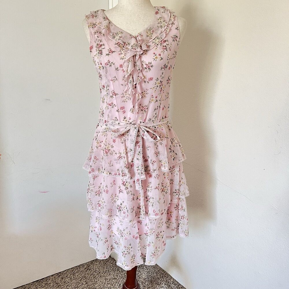 Japanese VTG Pink Floral Tiered Midi Dress Coquette Cottage Core Romantic Sz 6